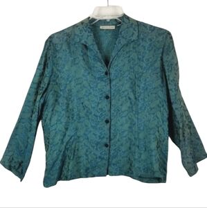Deborah Parker Women Silk Button Up Blouse Top Size Large Paisley Blue Old Money